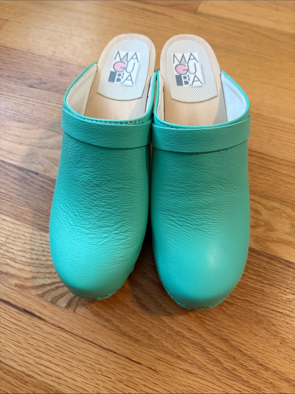 Mint green/aqua Maguba Leather Clog Heels, new size 40 - Picture 3 of 8